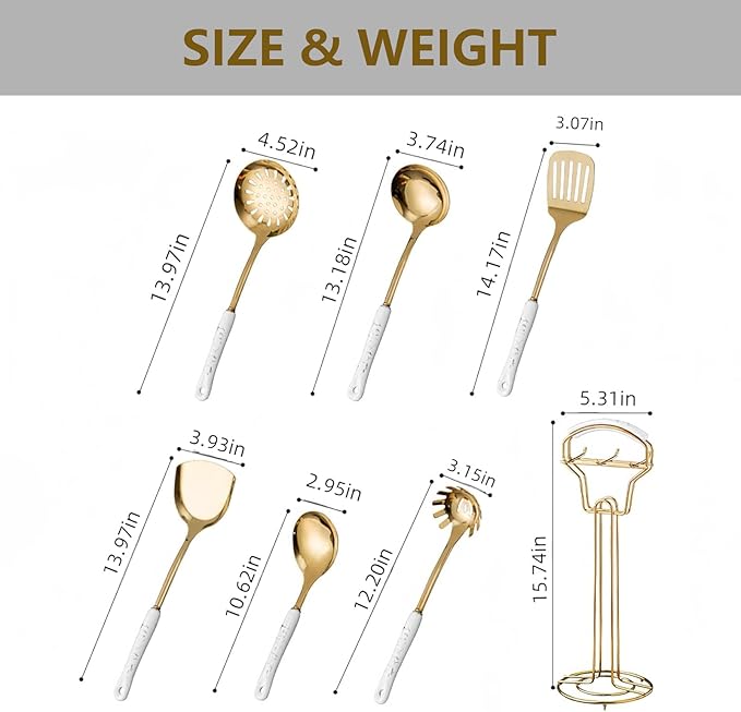 Gold Kitchen Utensils,7 Pieces Cooking Utensils Set,Kitchen Tools Set With Utensil Holder, Gold Kitchen Accessories,Dishwasher Safe, Easy To Clean(White)
