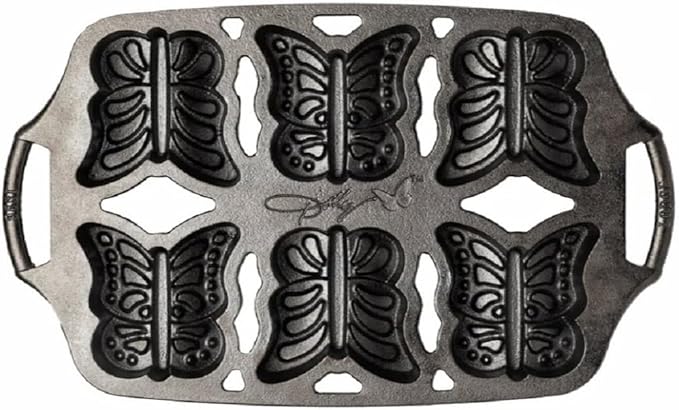 Lodge Dolly Parton Cast Iron Butterfly Cake Pan – Makes Six Mini Butterfly Cakes, Special Edition Bakeware, Durable, Naturally Seasoned, 14.18 x 8.5 x 1.37 In