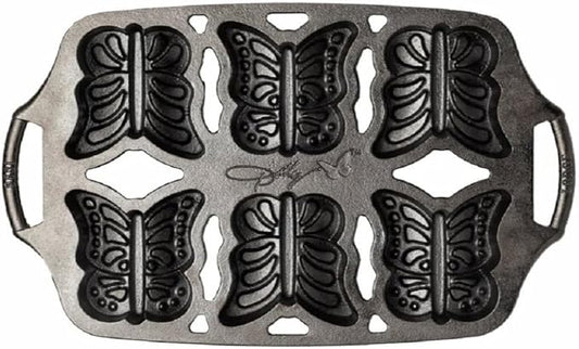 Lodge Dolly Parton Cast Iron Butterfly Cake Pan – Makes Six Mini Butterfly Cakes, Special Edition Bakeware, Durable, Naturally Seasoned, 14.18 x 8.5 x 1.37 In
