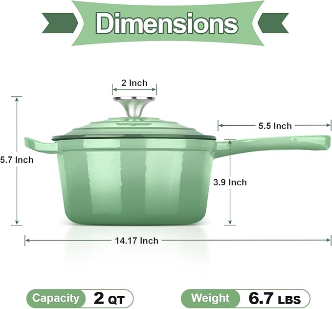 HaSteeL 2 QT Cast Iron Saucepan, Mini Enamel dutch oven with lid, Small Non Stick Pan for Milk, Pasta Tomato Sauce, Butter, Breakfast, Soup, Suitable for Boiling Stewing Frying, Easy to Clean, Green