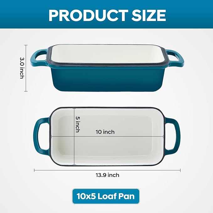 Cast Iron Loaf Pan with Lid 10x5 Inch Enameled Bread Loaf Pan for Sourdough, 2 Piece Set, Emerald