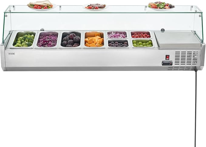 VEVOR Refrigerated Condiment Prep Station, 130 W Countertop Refrigerated Condiment Station, with Four 1/3 Pans & Four 1/6 Pans, 304 Stainless Body and PC Lid, Sandwich Prep Table with Glass Guard
