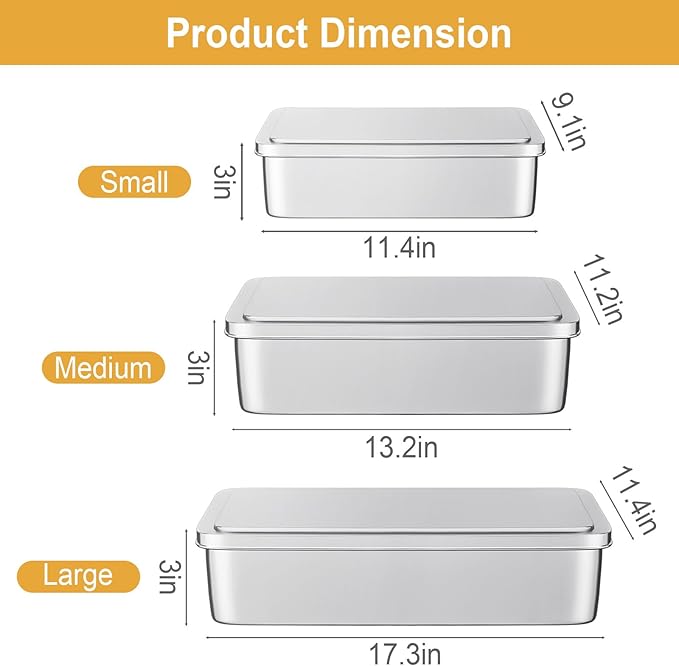 Stainless Steel Baking Pan with Lid, Set of 3 Large Cake Pan, 17/13/11 Inch Baking Sheet Lasagna Pan with Lid, Rectangle Sheet Roasting Pan, Cake Pans with Cover, Dishwasher Safe