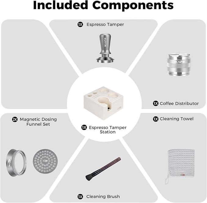 IKAPE 58mm Espresso Tamper Kit Silver 7 IN 1, Coffee Tamper Set comprising a Tamper, Distributor, Magnetic Dosing Funnel, Puck Screen, Station, WDT Tool, along with a Cleaning Towel and Brush