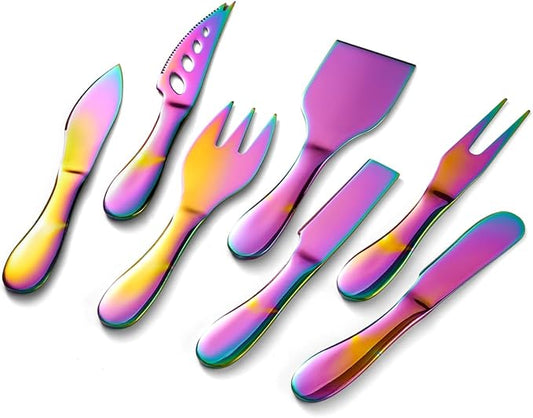 Rainbow Cheese Knives Set Stainless Steel Kitchenware Gadgets 7 Pieces include Colorful UtensilsCheese Knife,Cheese Spreader,Color Cheese Forks, Cheese Slicer,Cheese Cutter, Butter Knife