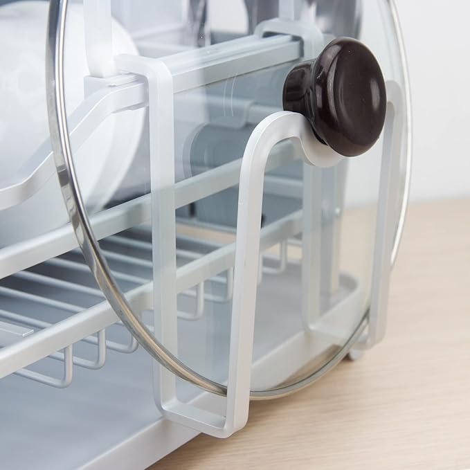 Evelyne GMT-10353-B Aluminum Dish Drying Rack with Utensil Holder - 2 Tier Kitchen Countertop Rust Proof Dish Rack Lid Hanger and Drainboard Set - Large Dish Organizer Rack