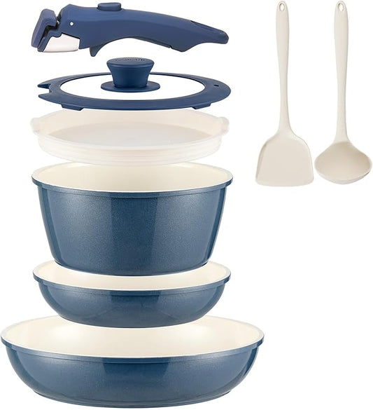 Ceramic Cookware Set Non Stick 8Pcs Pots and Pans Set Detachable Handle Induction Kitchen Cooking Set with Frying Pans Oven Dishwasher Safe, PFAS/PFOA Free, Navy