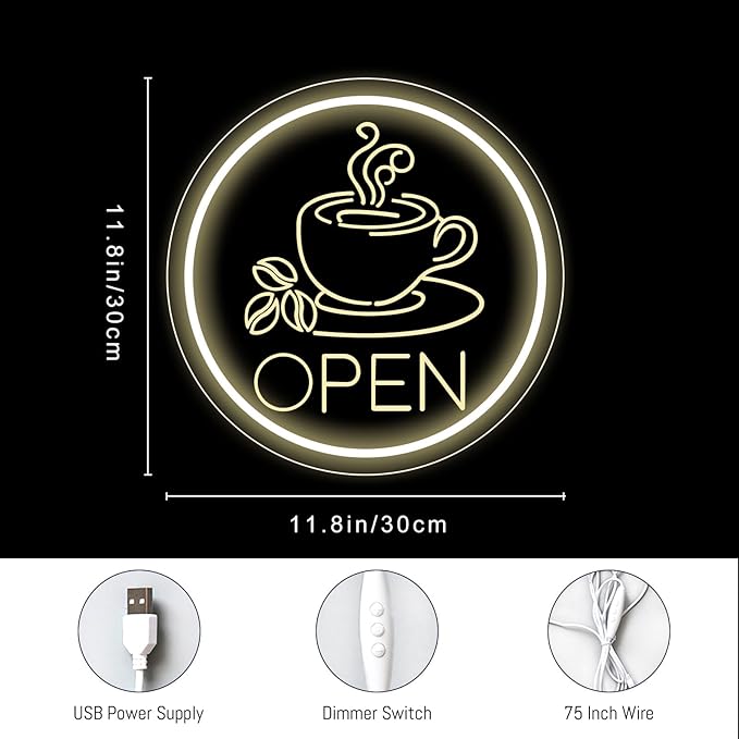 Coffee Open Neon Sign Business Open Lights for Cafe Shop Home Bar Wall Decor USB Powered Light Up Sign Cafe Corner Decor Gift for Coffee Lovers
