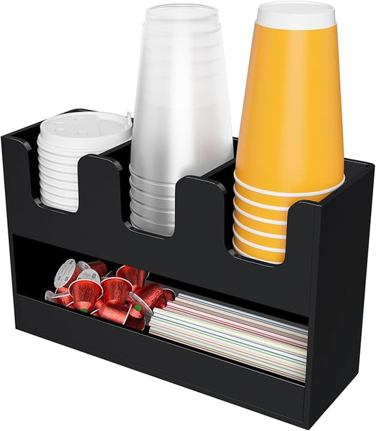 Beego 4-Compartment Cup Holder for Countertop - 2-Tier Black Acrylic Cup Dispenser Coffee Station Paper Cup and Lid Organizer Condiment Storage for Restaurant Breakroom Kitchen Bar Accessories