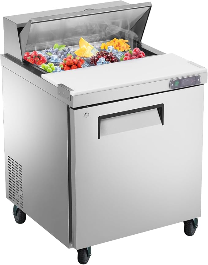 JINSONG 28" Stainless Steel Sandwich & Salad Prep Table, Commercial Refrigerated Food Prep Station with Cutting Board & 8 Pans, 7.4 cu. ft Fridge Salad Bar for Restaurants, Bars, Shops,delis