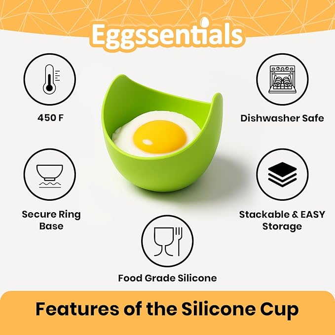 Eggssentials - Poached Egg Cups - Pack of 4 - BPA Free Silicone Egg Poacher Cups - Nonstick Poached Egg Cooker for Microwave, Stovetop, Baking ?€? Easy to Clean Poaching Pods for Perfect Eggs