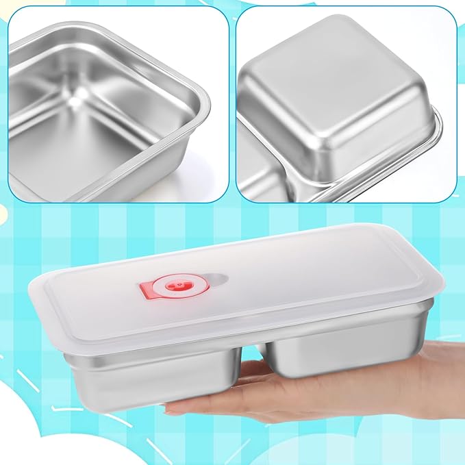 6 Pcs Stainless Steel Snack Containers 30 oz 2-compartment Meal Prep Containers Reusable Metal Divided Bento Box with Silicone Lids Leakproof Lunch Box Dishwasher Safe (White)