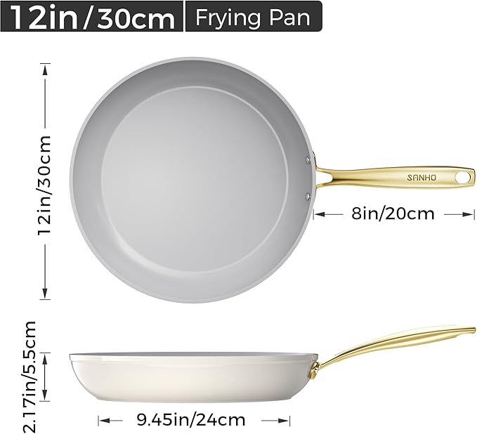 Sanho 12 Inch Nonstick Frying Pan, Diamond-Titanium Ceramic Coating PFAS/PFOA Free, Oven & Dishwasher Safe Skillet, Induction Compatible with Cool Touch PVD Handle