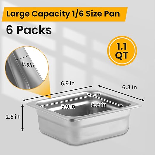 Aplancee 1/6 Hotel Pans 2.5 Inch Deep Stainless Steel Food Pan - Anti-Jam 6 Pack Steam Table Pan Set for Catering, Buffet Use, Kitchen Prep