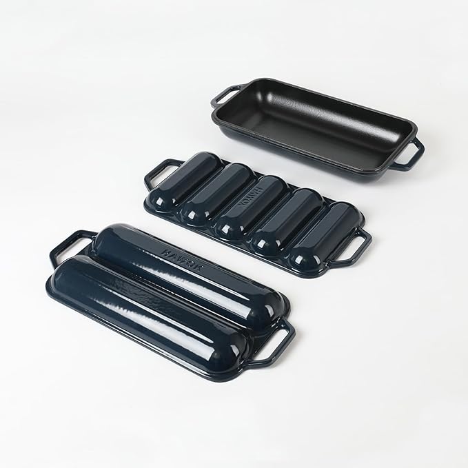 HAWOK Enameled Cast lron Baguette Bread Baker, 3-in-1 Baking Set with Full Baguette Tray, 5-Slot Mini Roll Tray & Reversible Lid Pan, 15 x 6.7 inch, Navy Blue