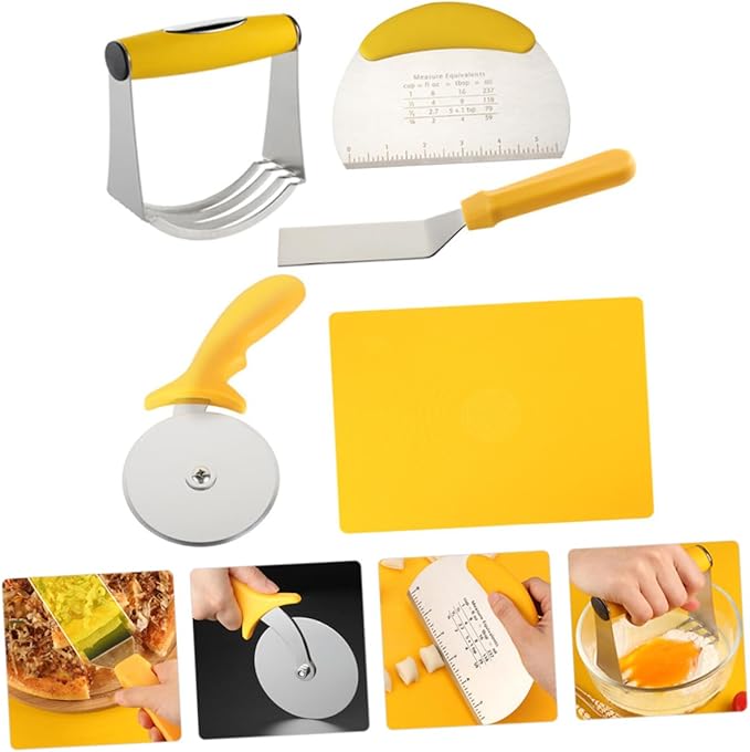 5pcs Baking Tool Set Stainless Steel Pizza Cutter Dough Chopper Kneading Mat with Scale for Homemade Pizza and Pastry Kitchen Dough Tools for Baking Enthusiasts