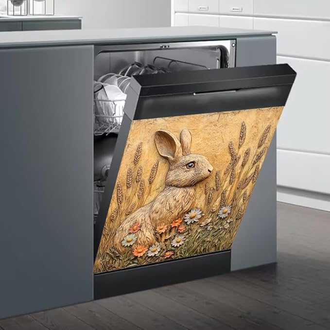 Easter Bunny Dishwasher Magnet Cover, Rabbit Flowers Refrigerator Magnetic Vinyl Sticker for Dishwasher Door, Rustic Farmhouse Floral Decorative Kitchen Appliance Panel Decal, 23Wx26H Inches