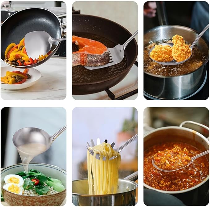 304 Stainless Steel Kitchen Utensils Set, VALESKA 6 PCS Metal Cooking Utensils Set, metal spoon,Wok Spatula, Ladle, Skimmer Slotted Spoon,Serving Large Spoon, Slotted Spatula Tunner
