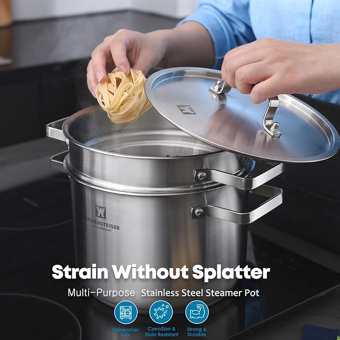 Premium Stainless Steel Asparagus Vegetable Tall Steamer Pot Spaghetti Pasta Stovetop Cooker with Removable Perforated Basket and Lid, Large Size Versatile Cookware (5.2Liters/5.5Quarts)