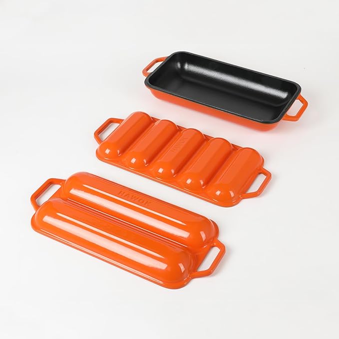 HAWOK Enameled Cast lron Baguette Bread Baker, 3-in-1 Baking Set with Full Baguette Tray, 5-Slot Mini Roll Tray & Reversible Lid Pan, 15 x 6.7 inch, Orange