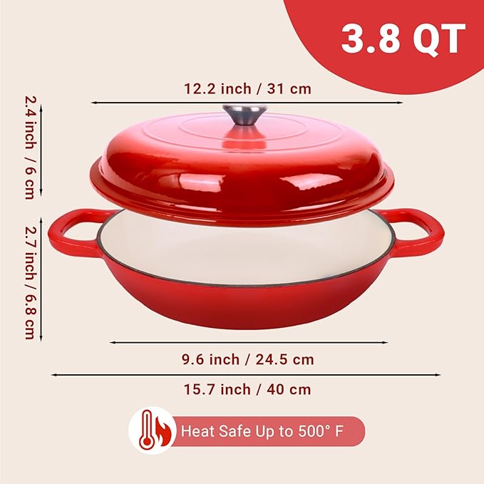 Enameled Cast Iron Dutch Oven, 3.8 Quart Dutch Oven Pot with Lid, Non Stick Cast Iron Pot, Round Oven Safe up to 500°F, Use for Marinate, Cook, Bake and Serve – Gradient Red