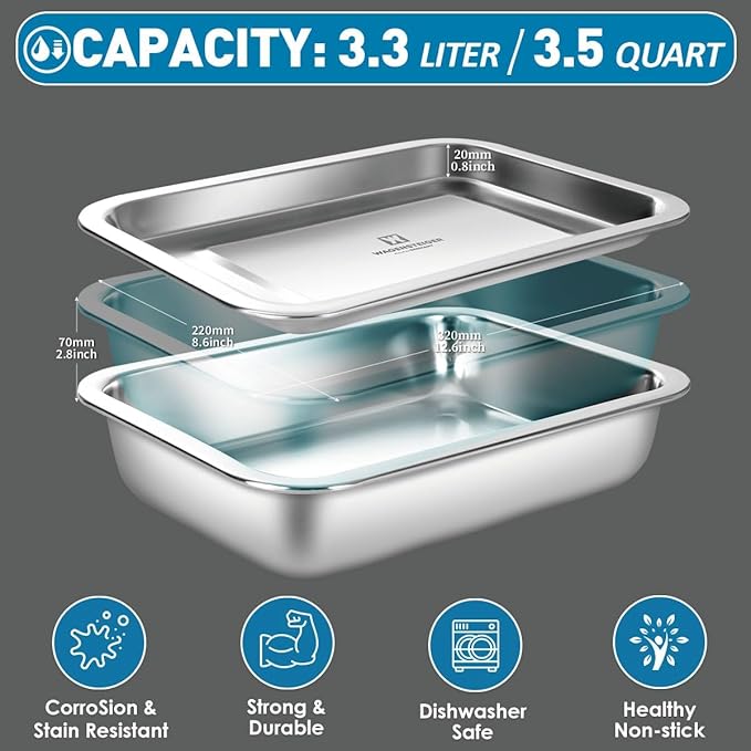 Stainless Steel Casserole Pan or Food Prep Container with Rack & Lid (Tray), 3.5Quarts, Buffet Party Pans, Roasting Pan with Rack, Bakeware, Roaster, Oven-safe, Freezer-friendly (1306 / No6)