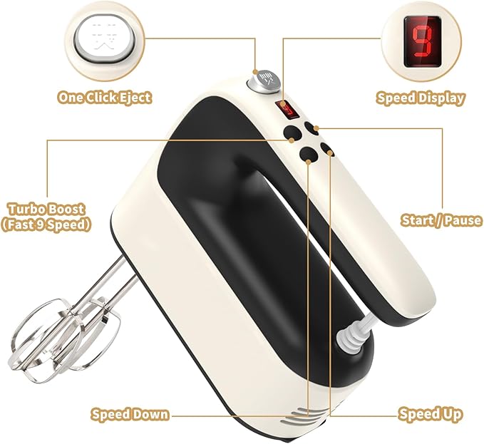 9-Speed Digital Hand Mixer Electric, 400W Powerful DC Motor, Hand Mixer Electric Handheld with Snap-On Storage Case, 5 Stainless Steel Accessories, Beaters, Dough Hooks, Whisk(Creamy/Black)