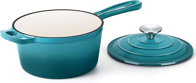 HaSteeL 3 QT Cast Iron Saucepan, Enamel dutch oven with lid, Small Non Stick Pan for Milk, Pasta Tomato Sauce, Butter, Breakfast, Soup, Suitable for Boiling Stewing Frying, Easy to Clean, Green