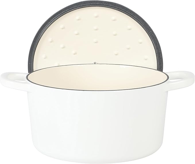 Crock Pot Artisan 6-Quart Round European Enameled Dutch Oven Pot With Lid - Matte Linen White w/Gold Knob