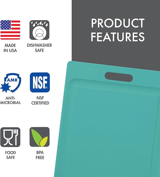 Dexas NSF Certified Polysafe Cutting Board with Handle and Juice Well, 12 x 18 inches, Reversible Kitchen Cutting Board, Teal Green