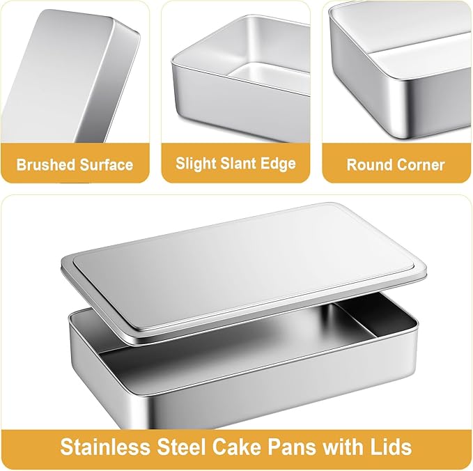 Stainless Steel Baking Pan with Lid, Set of 3 Large Cake Pan, 17/13/11 Inch Baking Sheet Lasagna Pan with Lid, Rectangle Sheet Roasting Pan, Cake Pans with Cover, Dishwasher Safe