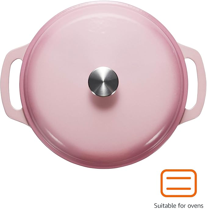 Amazon Basics Enameled Cast Iron Dutch Oven Pot with Lid, Round, Dual Handles, Heavy-Duty, Oven Safe for Stews, Roasting, Baking, 6-Quart, Light Pink