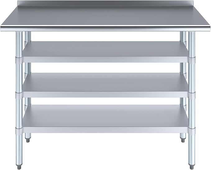AmGood Stainless Steel Work Table with 1.5" Backsplash and 3 Shelves | Metal Kitchen Food Prep Table | NSF (48" Long x 18" Deep)