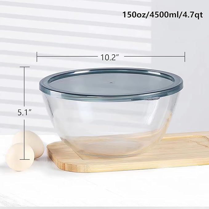 4.7QT Large Glass Mixing Bowl with Lid, Clear Glass Salad Cooking Bowls for Sourdough, Salad and Storage Prepping and Baking Food Storage Set
