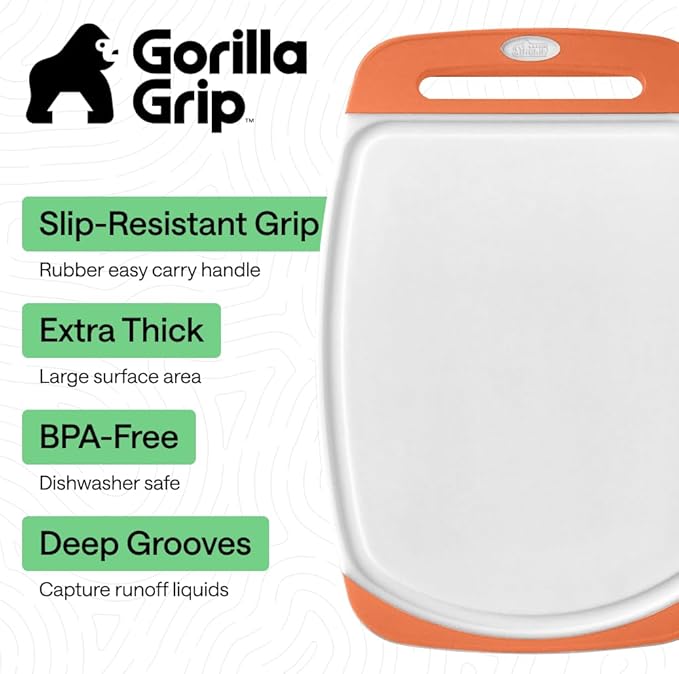 GORILLA GRIP BPA-Free Reversible Kitchen Cutting Board Set of 3 US Designed, Nonporous, Juice Grooves Catch Liquid, Slip Resistant Border, Dishwasher Safe Large Food Chopping Boards, Lime Orange Lemon