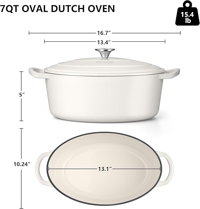 TeamFar 7QT Oval Dutch Oven, Enameled Cast Iron Dutch Oven Pot with Lid, For Bread Baking/Stewing/Braising/Frying, Suitable for Various Stoves, Non-stick & Easy Clean, White