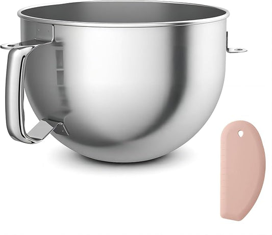 18/8 Stainless Steel 6 Quart Mixing Bowl for Kitchen Aid Professional Bowl Lift Stand Mixer, Heavy Duty Extra Mixer Bowl fits KP26, KB26, Dishwasher Safe, Ergonomic Handle, Silicone Scraper