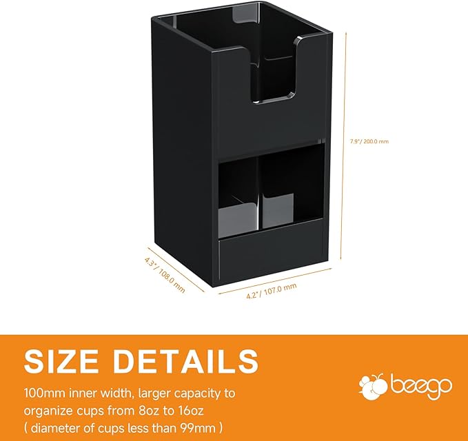 Beego 2-Compartment Cup Holder for Countertop - 2-Tier Black Acrylic Cup Dispenser Coffee Station Paper Cup and Lid Organizer Condiment Storage for Restaurant Breakroom Kitchen Bar Accessories