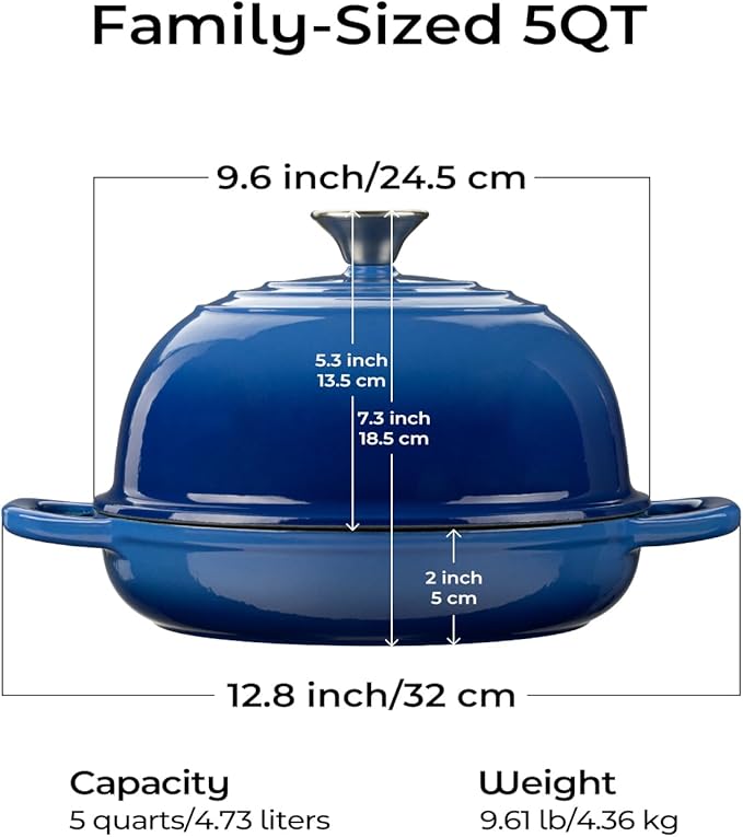 Dutch Oven for Bread Baking-5QT Cast Iron Sourdough Dutch Oven Pot with Lid, Enameled Round Cast Iron Bread Pot with Dome Lid for Homemade, Gifts for Sourdough Bakers, Blue