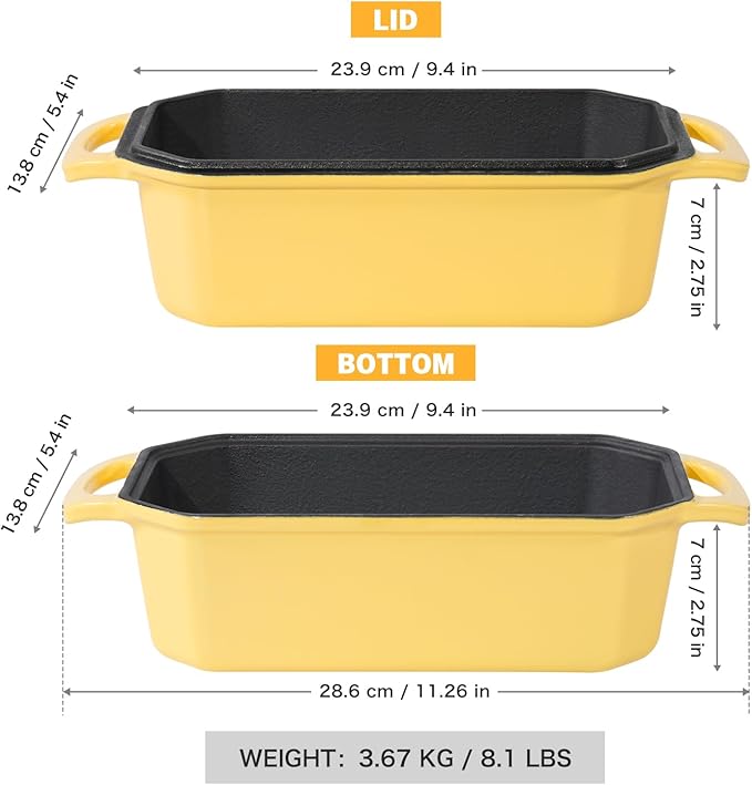 Bread Pan Cast Iron Loaf Pan with Lid Bread Loaf Pan 8.5x4.5 Inch Loaf Pan Enameled Cast Iron Sourdough Loaf Pan, Yellow
