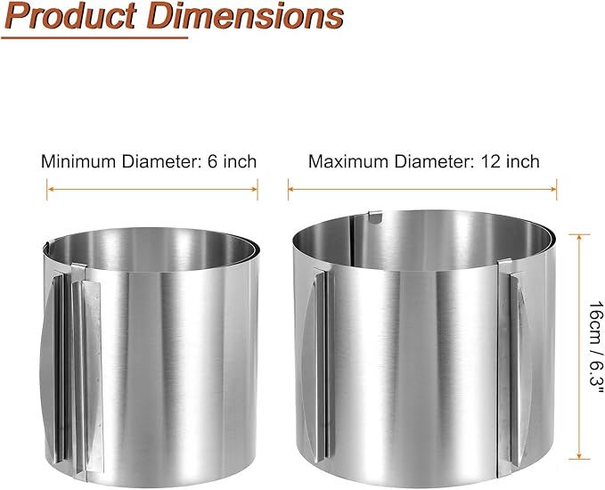 HARFINGTON 6" to 12" Cake Ring 16cm High Adjustable Round Cake Ring Stainless Steel Mousse Baking Moulds Bakeware Supplies for Baking Cooking Making Tool