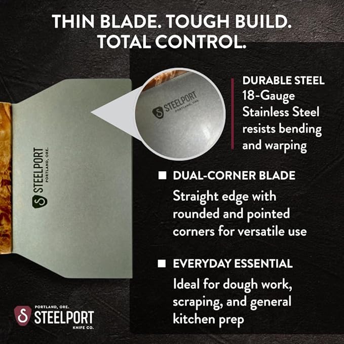Steelport Bench Scraper | USA Made Dual Edge Stainless Steel Dough Cutter | 18-Gauge Steel Blade, Tapered Maple Burl Handle | Kitchen Gadgets for Bakers, Professionals, Home Cooks | Gift for Bakers