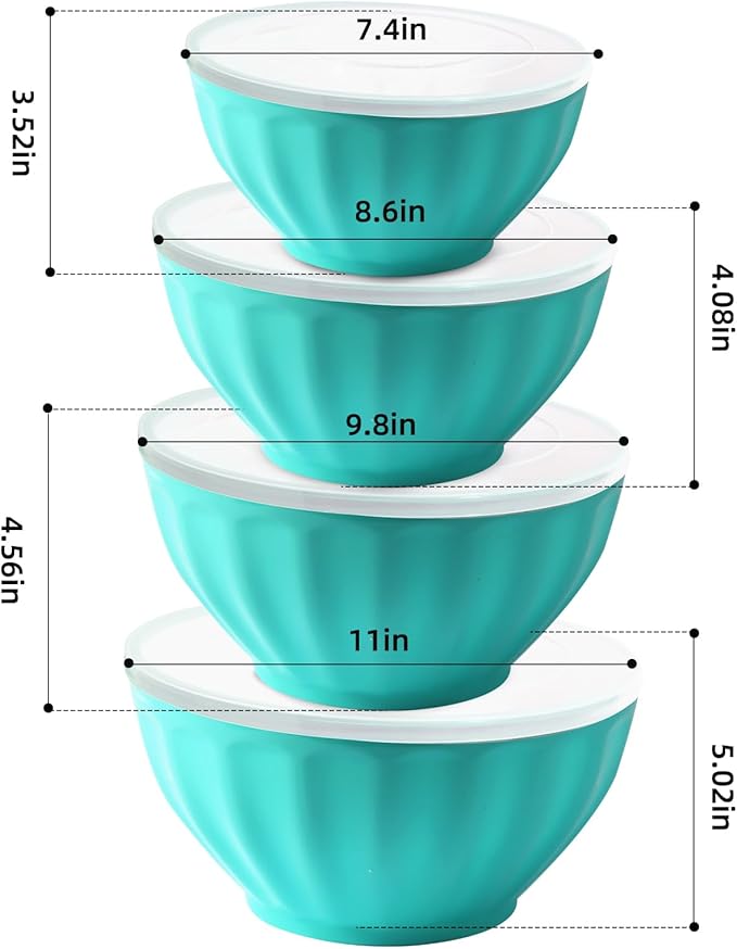 Plastic Mixing Bowls,Serving Bowls with Lids Set,4 Bowls 4 Lid 1Egg Whisk for Kitchen Mixing,Storage Food,Refrigerator, Dishwasher, Microwave safe,Blue