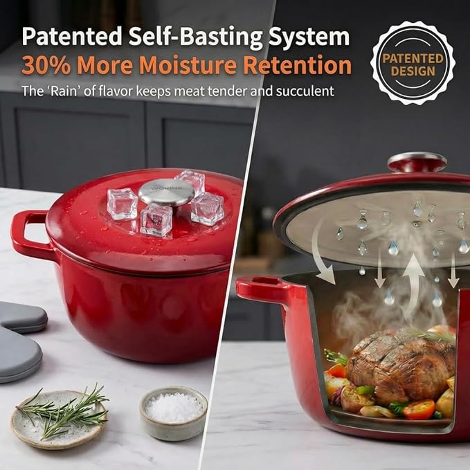 7QT Enamel Cast Iron Dutch Oven with Lid,Dual Handles,Versatile Heavy-Duty Non-toxic Cookware for Sourdough Bread Baking,Braising,Stews,Roasting,Oven Safe up to 500°F red