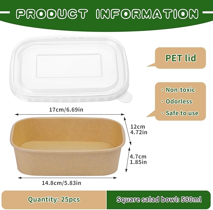 25 Pack 19 oz Paper Bowls, Disposable Food Containers with Lids, Rectangular Disposable Bowls with Lids, Disposable Salad Bowls for Diet Salad, Ice Cream, Yogurt, Party Food