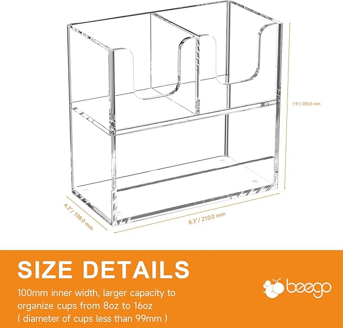 Beego 3-Compartment Cup Holder for Countertop - 2-Tier Clear Acrylic Cup Dispenser Coffee Station Paper Cup and Lid Organizer Condiment Storage for Restaurant Breakroom Kitchen Bar Accessories