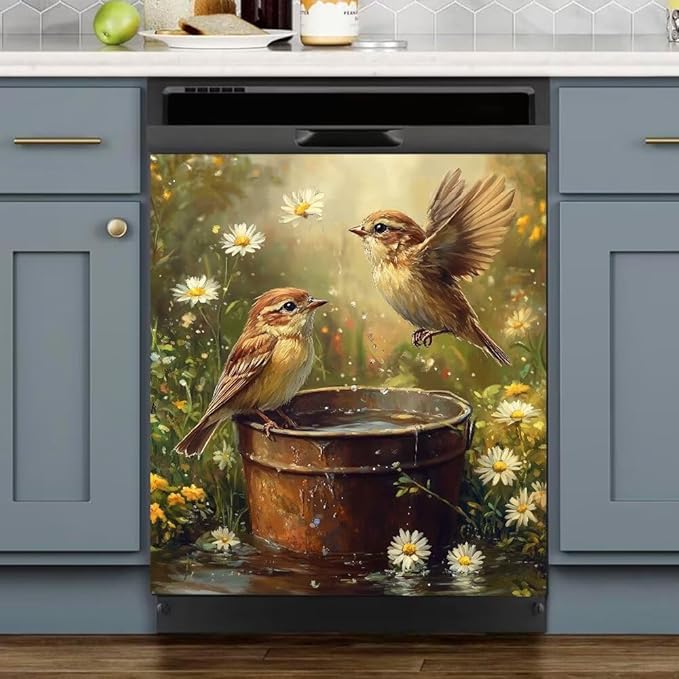 Dishwasher Magnet Cover, Bird and Daisy Garden Scene Refrigerator Magnetic Vinyl Sticker for Dishwasher Door, Rustic Country Decorative Kitchen Appliance Panel Decal, 23Wx26H Inches