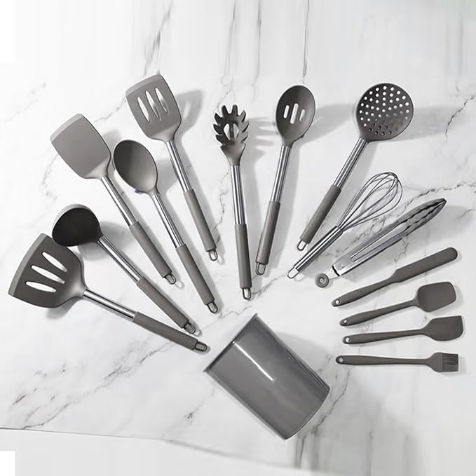 Silicone Cooking Utensils Set Utensil: 40 Pcs Black Stainless Steel Cookware Set, Nonstick Silicone Cooking Utensils Set, (Grey)
