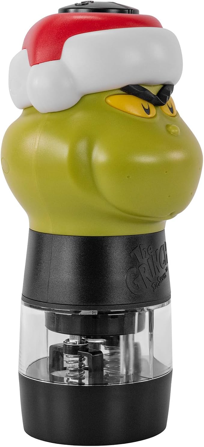 Uncanny Brands Dr. Suess The Grinch Salt and Pepper Grinder – Dual Chamber Electric Mill with Adjustable Coarseness and LED Light – Battery Powered