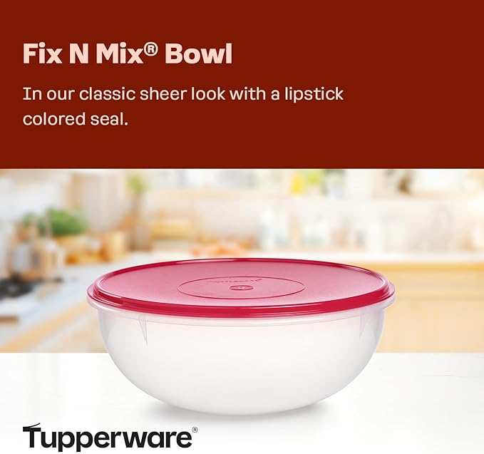 Tupperware Fix-N-Mix 1.7 Gallon Mixing Bowl, Clear with Lipstick Colored Lid, Dishwasher Safe and BPA Free (6.5 L)